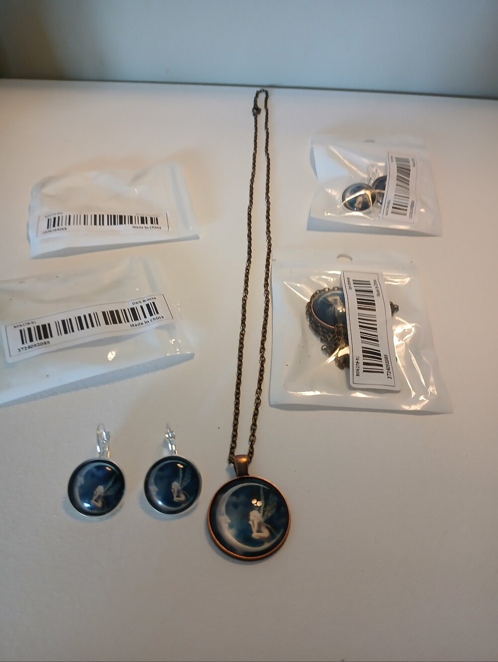 Fairy Gazing At Moon Pendant Necklace and Earrings - 2 Neckaces & 2 Pr. Earrings